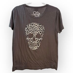 Chaser Skull Leopard Print T-Shirt Short‎ Sleeve Casual Top Gray Size L